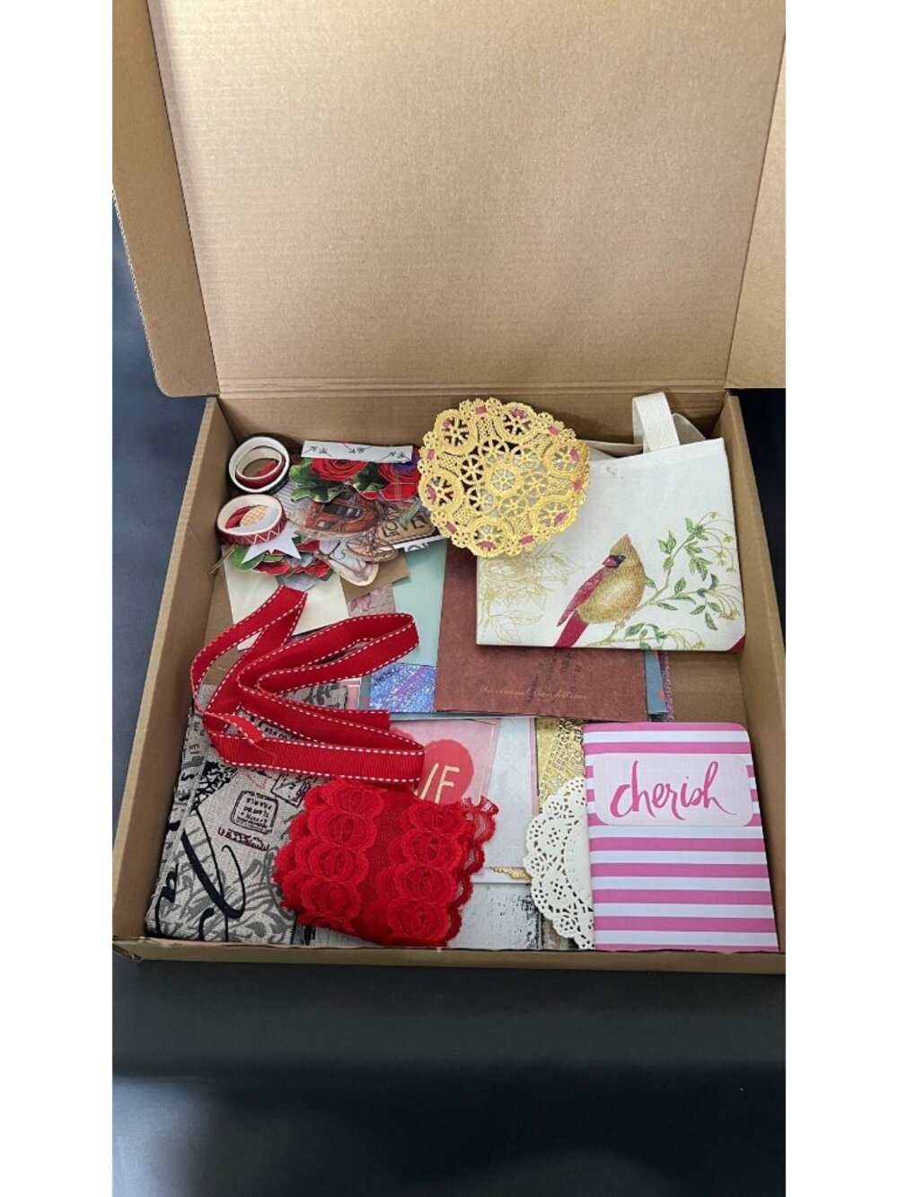 Valentines DIY Crafting Supply Box With Ribbons Lace & Journaling Art